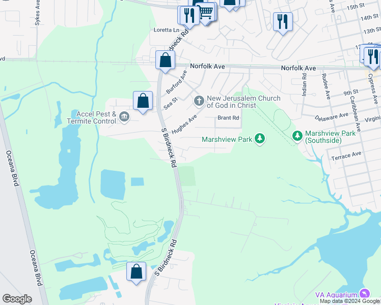 map of restaurants, bars, coffee shops, grocery stores, and more near 1502 Colonnade Drive in Virginia Beach