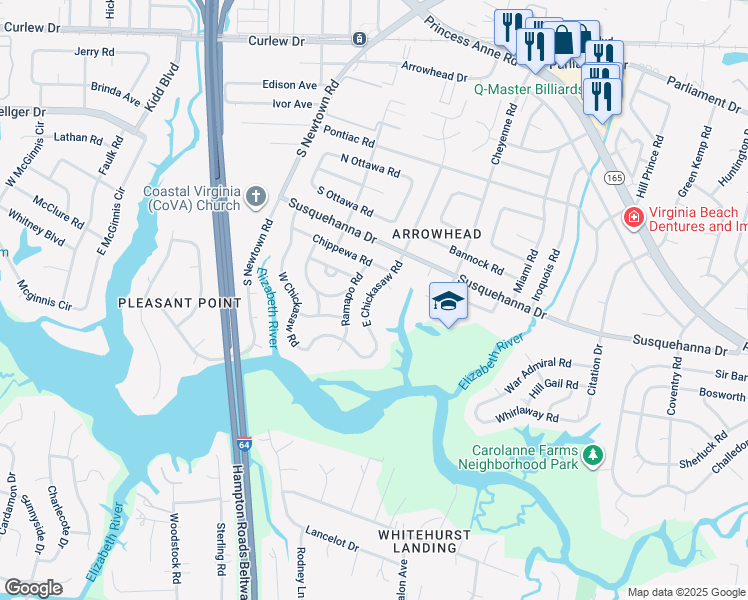 map of restaurants, bars, coffee shops, grocery stores, and more near 324 East Chickasaw Road in Virginia Beach