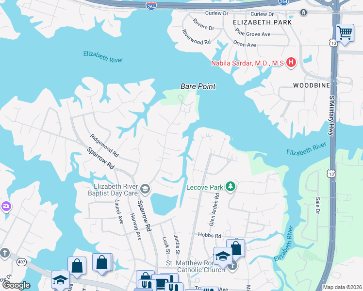 map of restaurants, bars, coffee shops, grocery stores, and more near 813 Cleary Court in Virginia Beach