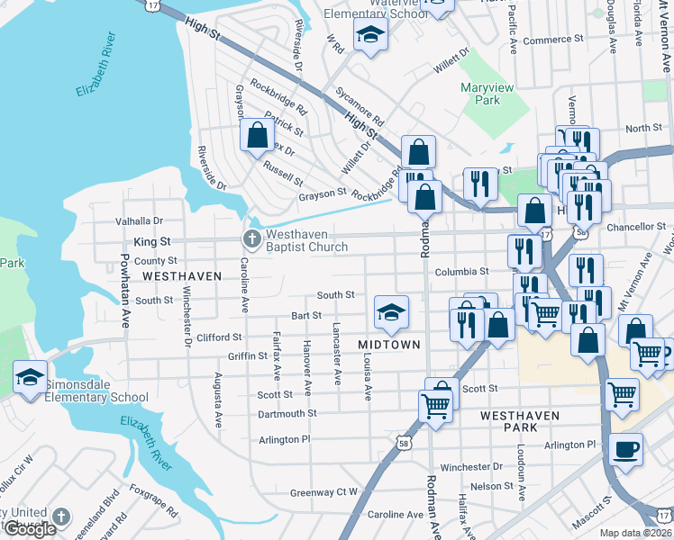 map of restaurants, bars, coffee shops, grocery stores, and more near 3926 Columbia Street in Portsmouth
