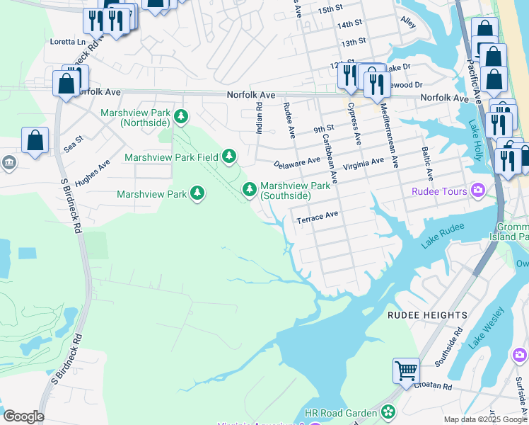 map of restaurants, bars, coffee shops, grocery stores, and more near 602 Sea Oats Way in Virginia Beach