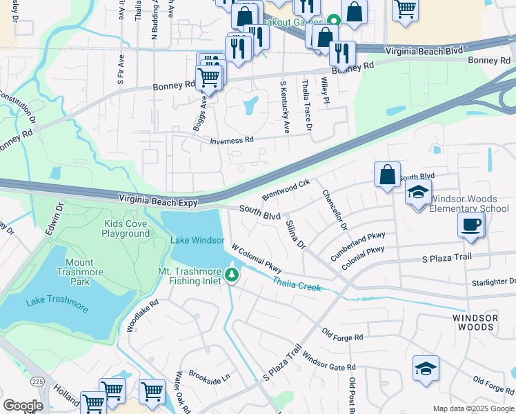 map of restaurants, bars, coffee shops, grocery stores, and more near 3960 Brentwood Crescent in Virginia Beach