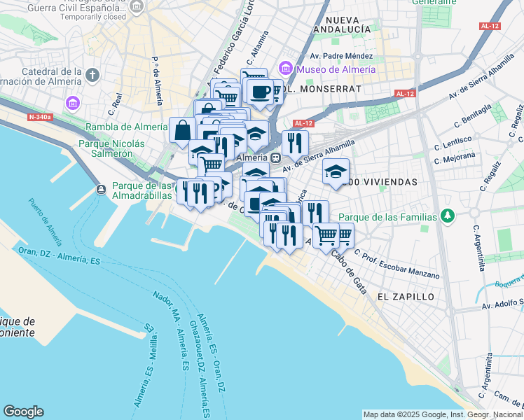 map of restaurants, bars, coffee shops, grocery stores, and more near 9 Calle la Marina in Almería