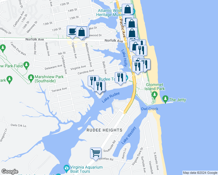 map of restaurants, bars, coffee shops, grocery stores, and more near 500 Winston Salem Avenue in Virginia Beach