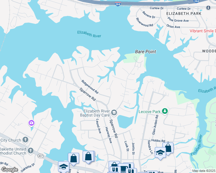 map of restaurants, bars, coffee shops, grocery stores, and more near 4009 Ridgewood Court in Chesapeake