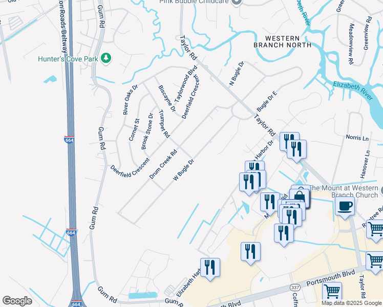 map of restaurants, bars, coffee shops, grocery stores, and more near 604 Trumpet Road in Chesapeake