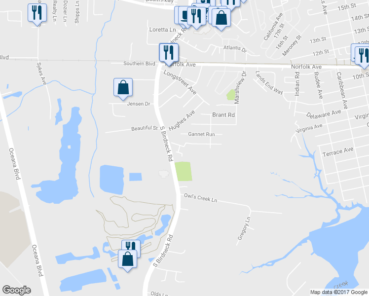 map of restaurants, bars, coffee shops, grocery stores, and more near 1502 Colonnade Drive in Virginia Beach