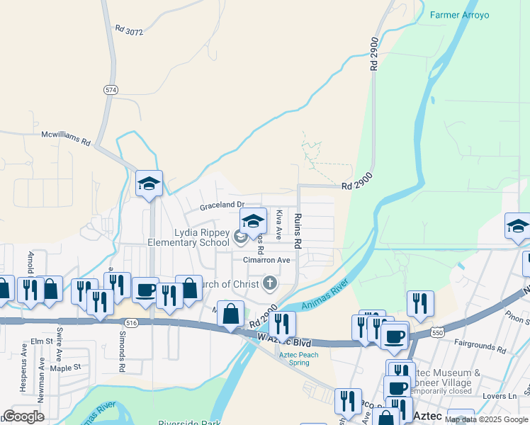 map of restaurants, bars, coffee shops, grocery stores, and more near 1100-1104 Graceland Drive in Aztec