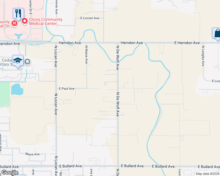 map of restaurants, bars, coffee shops, grocery stores, and more near 6675 North De Wolf Avenue in Clovis