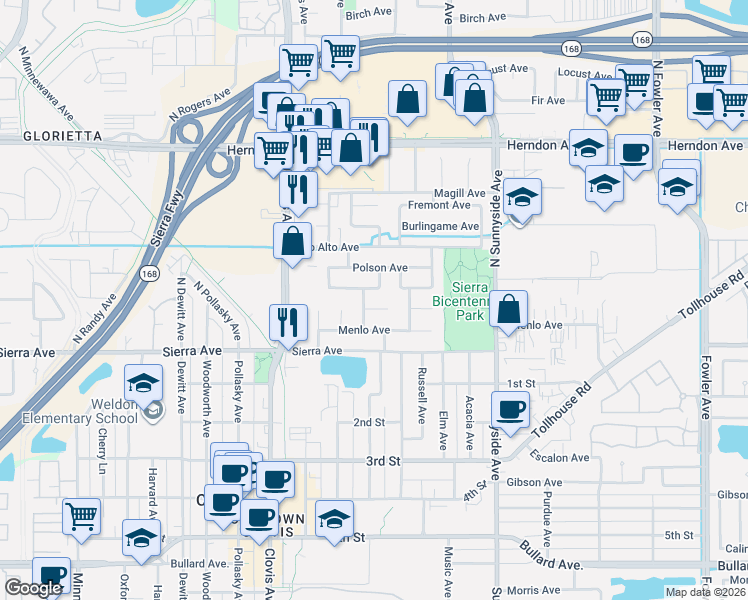map of restaurants, bars, coffee shops, grocery stores, and more near 110 North Manila Avenue in Clovis