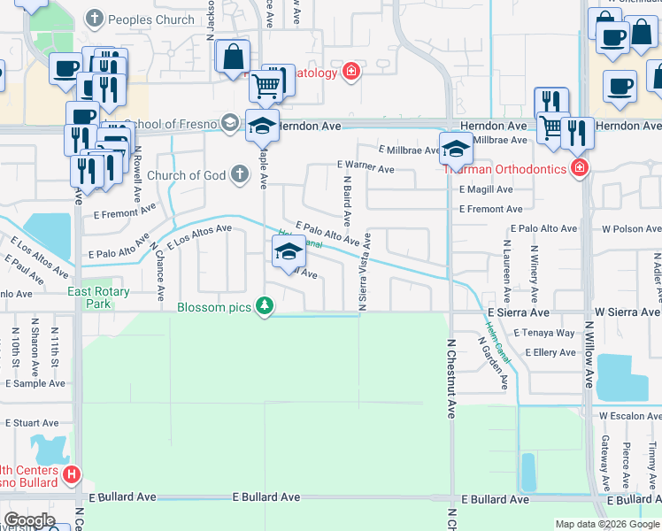 map of restaurants, bars, coffee shops, grocery stores, and more near 2650 East Los Altos Avenue in Fresno