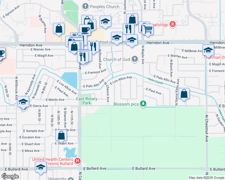 map of restaurants, bars, coffee shops, grocery stores, and more near 6647 North Barton Avenue in Fresno