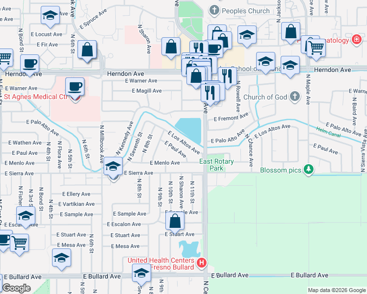 map of restaurants, bars, coffee shops, grocery stores, and more near 1734 East Los Altos Avenue in Fresno