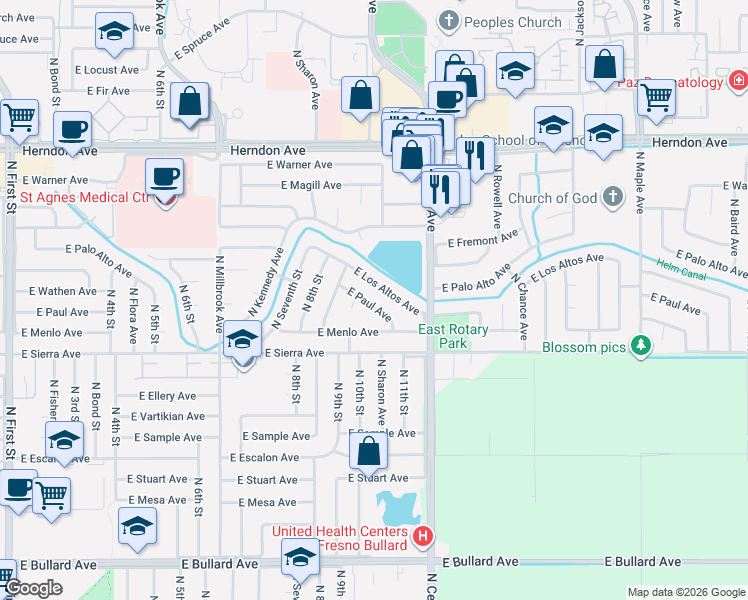 map of restaurants, bars, coffee shops, grocery stores, and more near 1681 East Los Altos Avenue in Fresno