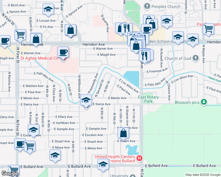 map of restaurants, bars, coffee shops, grocery stores, and more near 6515 North Spalding Avenue in Fresno