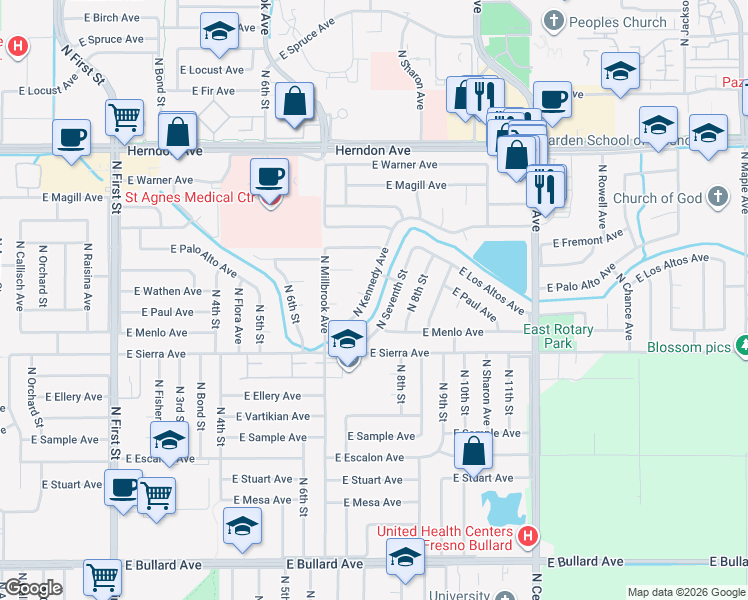 map of restaurants, bars, coffee shops, grocery stores, and more near 6527 North Kennedy Avenue in Fresno