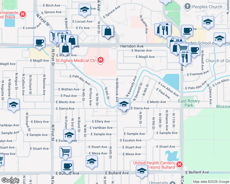 map of restaurants, bars, coffee shops, grocery stores, and more near 6498 North Millbrook Avenue in Fresno