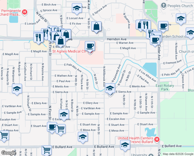 map of restaurants, bars, coffee shops, grocery stores, and more near 1353 East Paul Avenue in Fresno