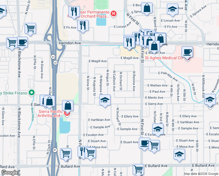 map of restaurants, bars, coffee shops, grocery stores, and more near 6527 North Callisch Avenue in Fresno