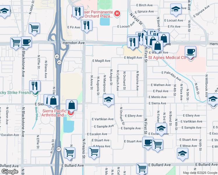 map of restaurants, bars, coffee shops, grocery stores, and more near 6528 North Mariposa Street in Fresno