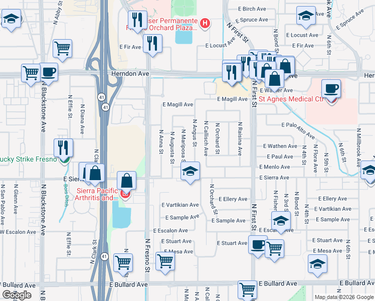 map of restaurants, bars, coffee shops, grocery stores, and more near 6528 North Mariposa Street in Fresno