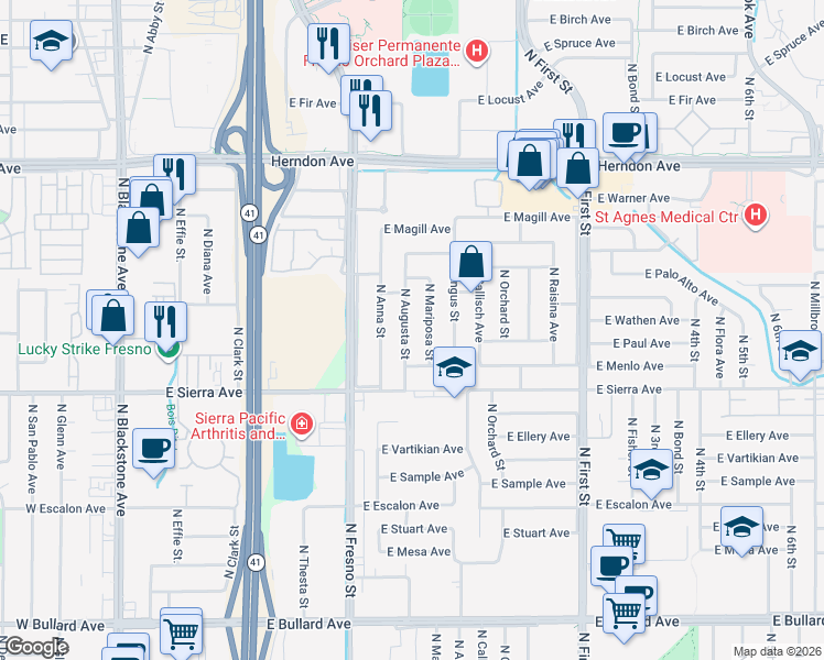 map of restaurants, bars, coffee shops, grocery stores, and more near 6529 North Augusta Street in Fresno