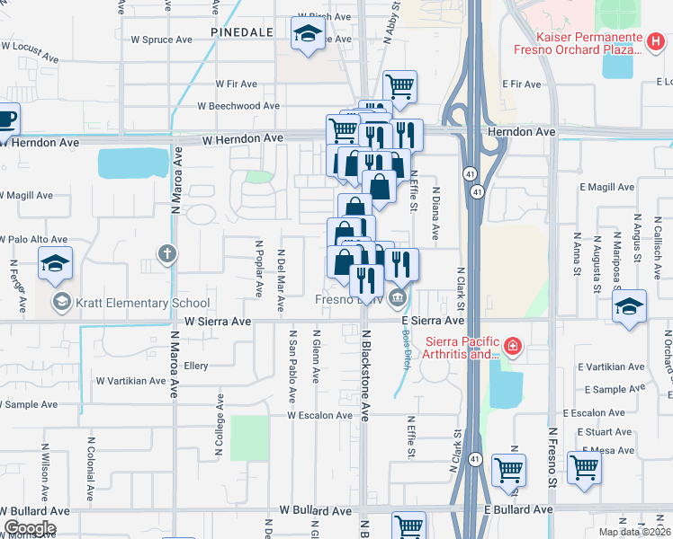 map of restaurants, bars, coffee shops, grocery stores, and more near 68 West Sierra Avenue in Fresno