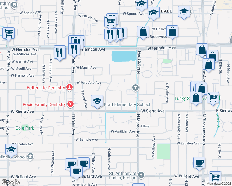 map of restaurants, bars, coffee shops, grocery stores, and more near 6536 North Wishon Avenue in Fresno