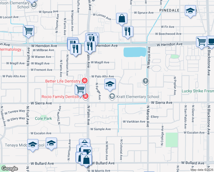 map of restaurants, bars, coffee shops, grocery stores, and more near 6535 North Roosevelt Avenue in Fresno