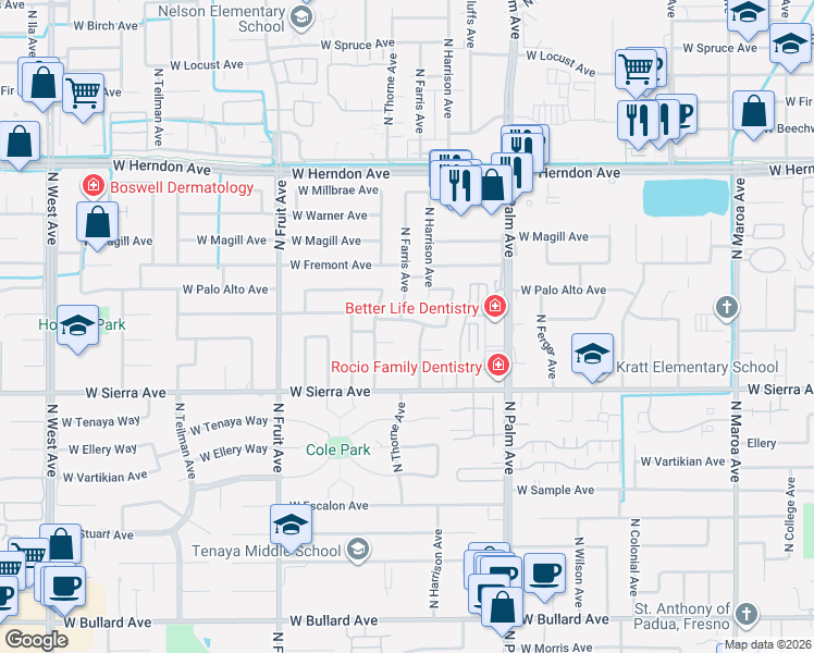map of restaurants, bars, coffee shops, grocery stores, and more near 6544 North Farris Avenue in Fresno