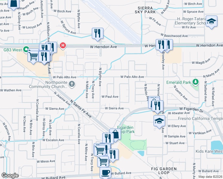 map of restaurants, bars, coffee shops, grocery stores, and more near 6548 North Bendel Avenue in Fresno