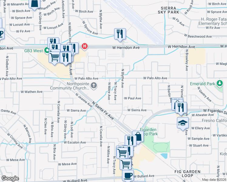 map of restaurants, bars, coffee shops, grocery stores, and more near 6548 North Tracy Avenue in Fresno