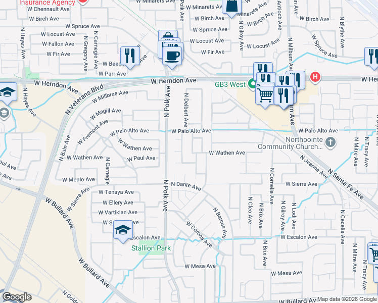 map of restaurants, bars, coffee shops, grocery stores, and more near 6567 North State Avenue in Fresno