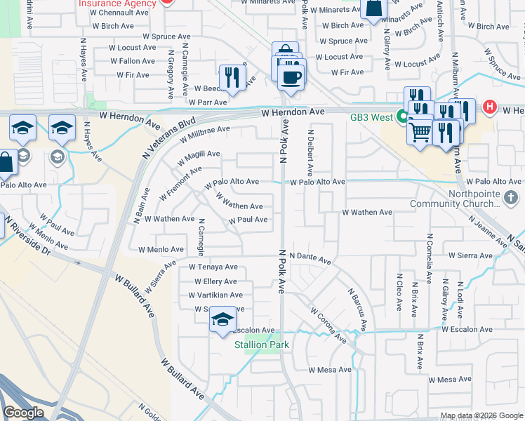 map of restaurants, bars, coffee shops, grocery stores, and more near 5532 West Wathen Avenue in Fresno
