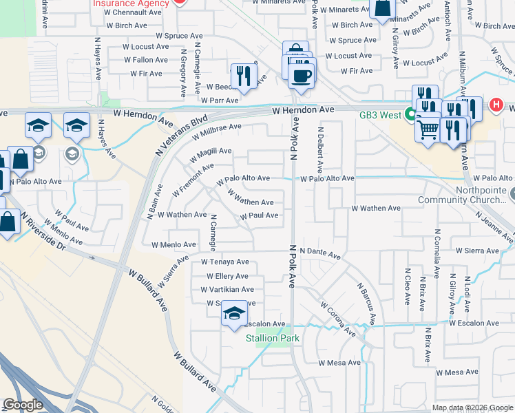 map of restaurants, bars, coffee shops, grocery stores, and more near 5604 West Wathen Avenue in Fresno