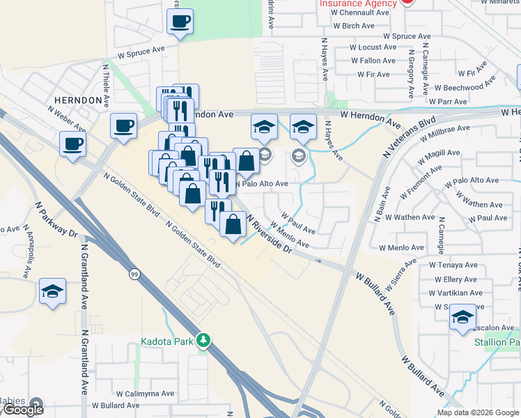map of restaurants, bars, coffee shops, grocery stores, and more near 6328 West Wathen Avenue in Fresno