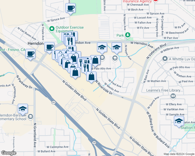 map of restaurants, bars, coffee shops, grocery stores, and more near 6328 West Wathen Avenue in Fresno