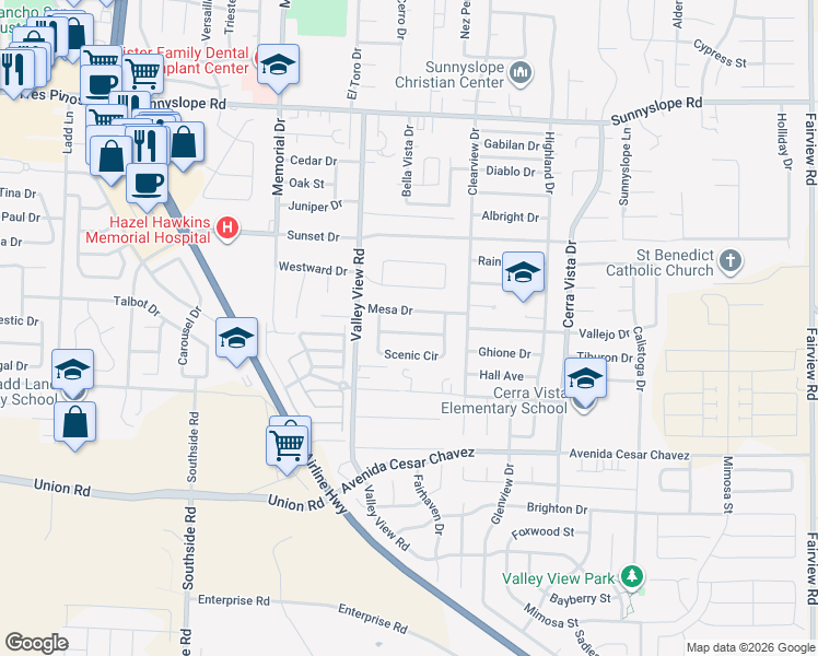 map of restaurants, bars, coffee shops, grocery stores, and more near 1251 Mesa Drive in Hollister
