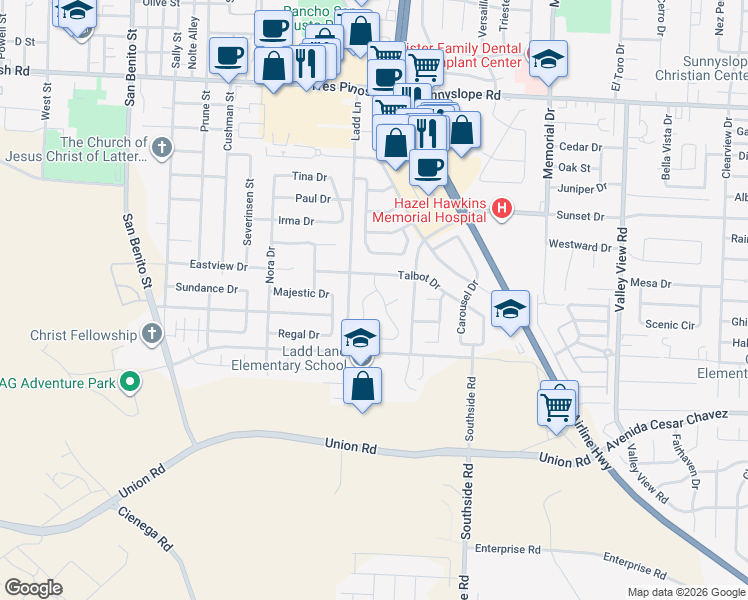 map of restaurants, bars, coffee shops, grocery stores, and more near 1950 Eldene Drive in Hollister