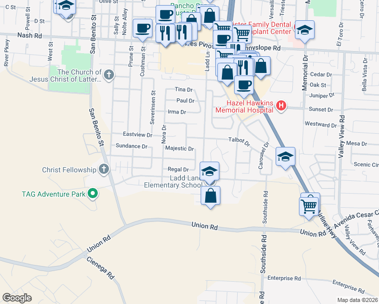 map of restaurants, bars, coffee shops, grocery stores, and more near 1990 Olga Drive in Hollister
