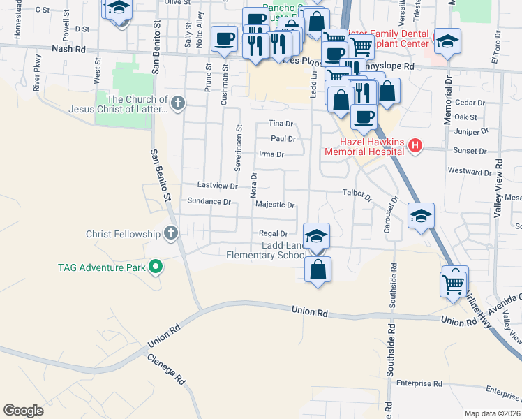 map of restaurants, bars, coffee shops, grocery stores, and more near 340 Majestic Drive in Hollister