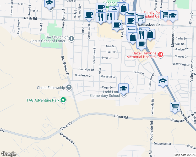 map of restaurants, bars, coffee shops, grocery stores, and more near 340 Majestic Drive in Hollister