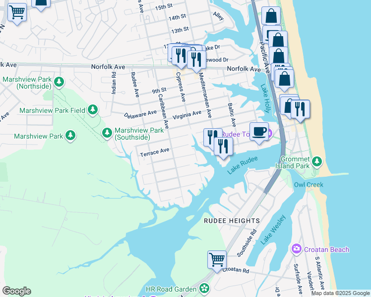 map of restaurants, bars, coffee shops, grocery stores, and more near 712 Terrace Avenue in Virginia Beach