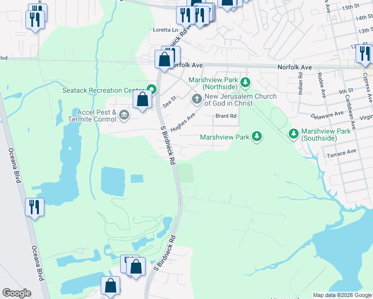 map of restaurants, bars, coffee shops, grocery stores, and more near 1464 Goose Landing in Virginia Beach