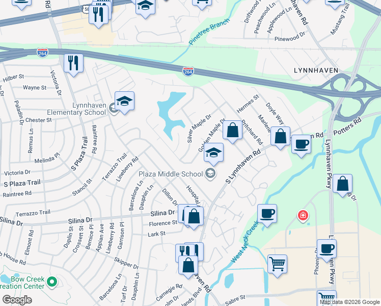 map of restaurants, bars, coffee shops, grocery stores, and more near 269 Golden Maple Drive in Virginia Beach