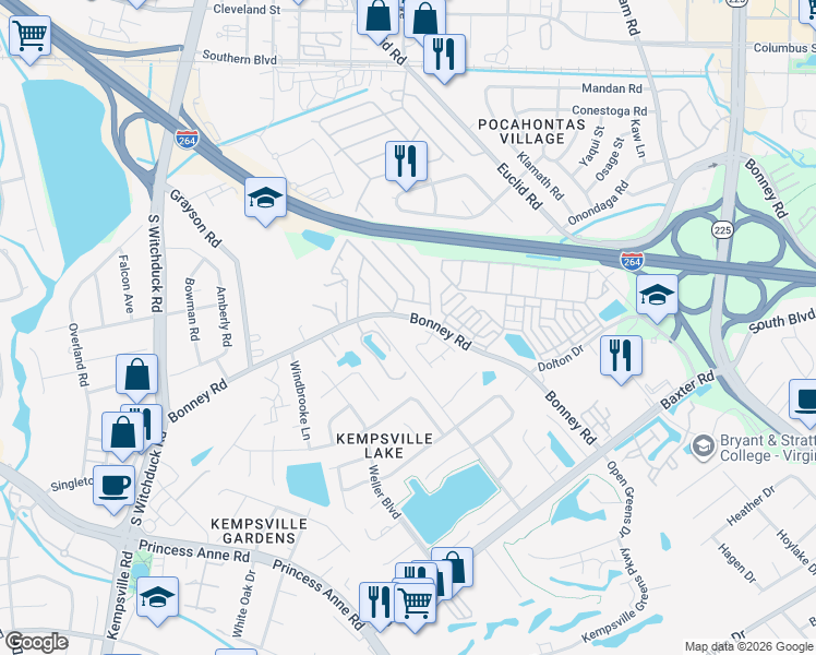 map of restaurants, bars, coffee shops, grocery stores, and more near 4953 Bonney Road in Virginia Beach
