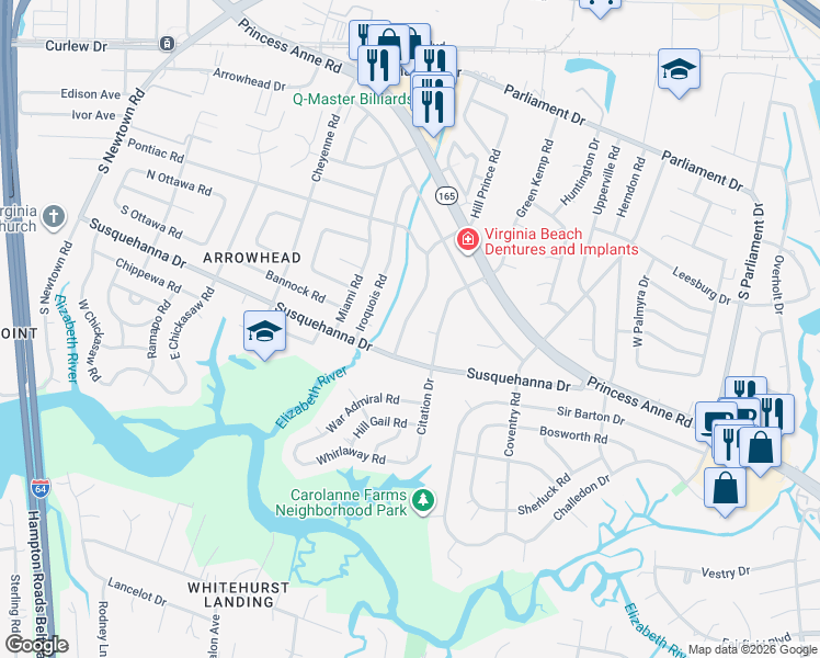 map of restaurants, bars, coffee shops, grocery stores, and more near 264 Hill Prince Road in Virginia Beach