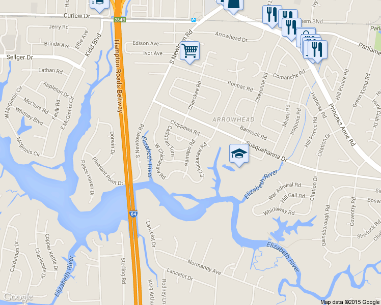 map of restaurants, bars, coffee shops, grocery stores, and more near 5700 Caddoan Road in Virginia Beach