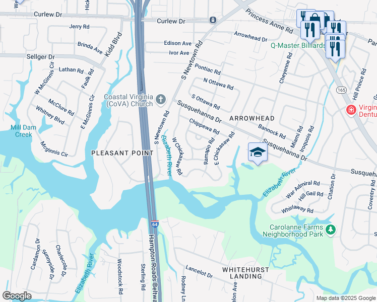 map of restaurants, bars, coffee shops, grocery stores, and more near 5725 Caddoan Turn in Virginia Beach