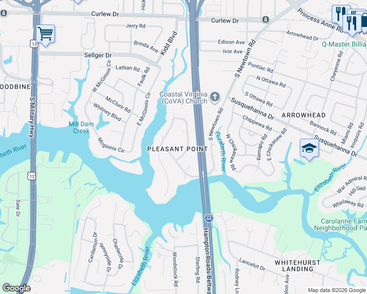 map of restaurants, bars, coffee shops, grocery stores, and more near 375 Dorwin Drive in Norfolk